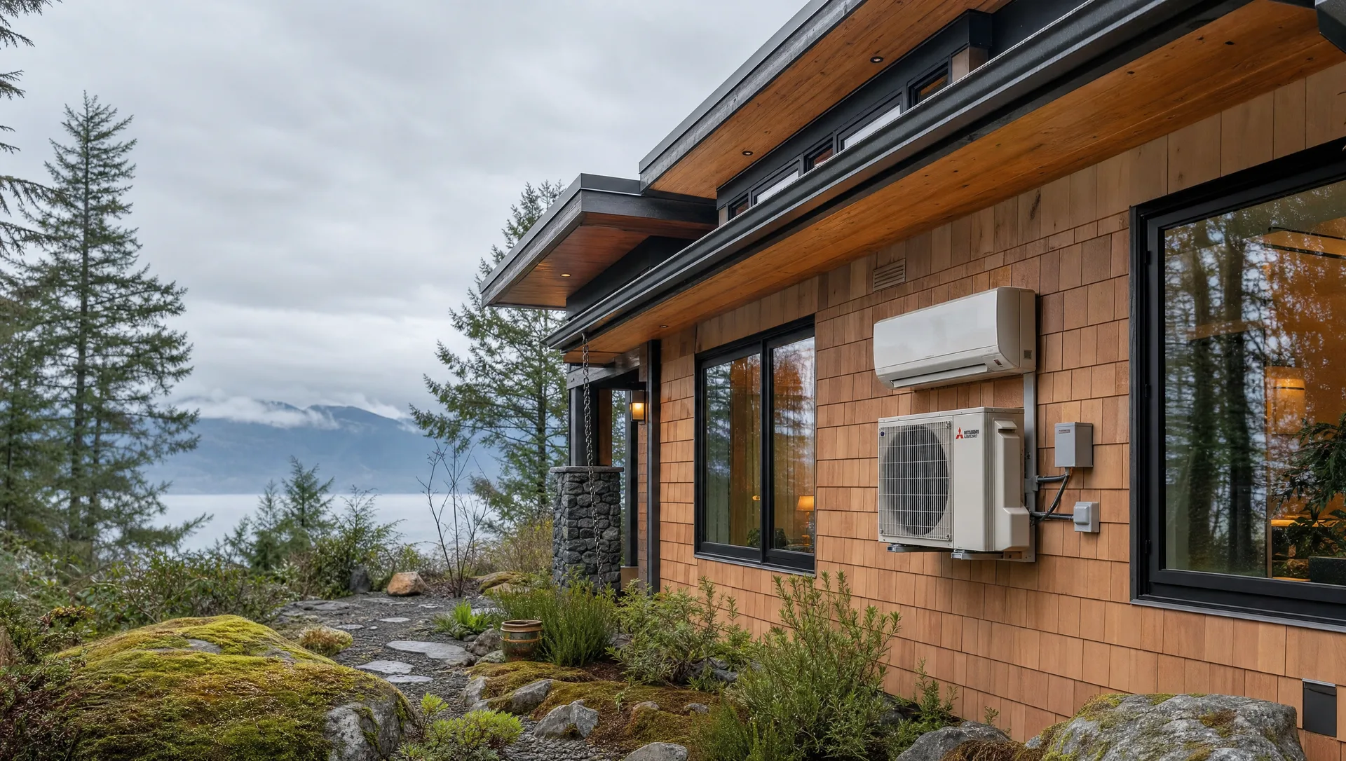 Saanich, BC with a heat pump installed — Mount Douglas Park and Cordova Bay shoreline visible in the scene