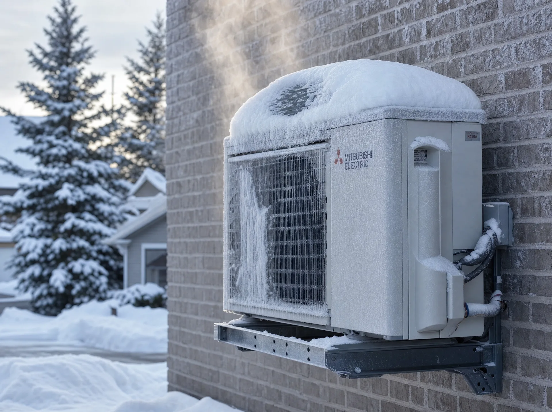 Outdoor heat pump compressor unit running in heavy Canadian snow, with frost on the coil and a visible defrost-cycle vapour plume