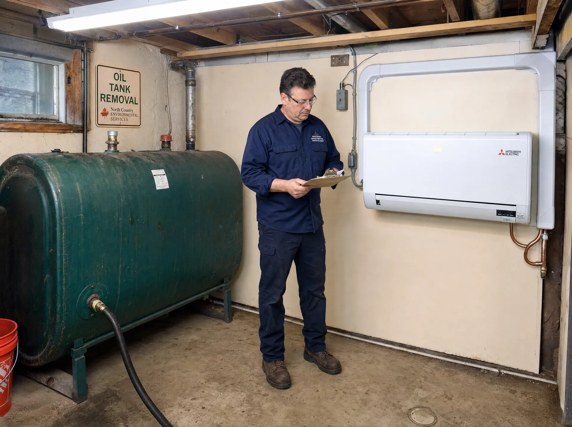 Old oil tank being decommissioned alongside a new ductless heat pump indoor head in a Canadian basement utility room