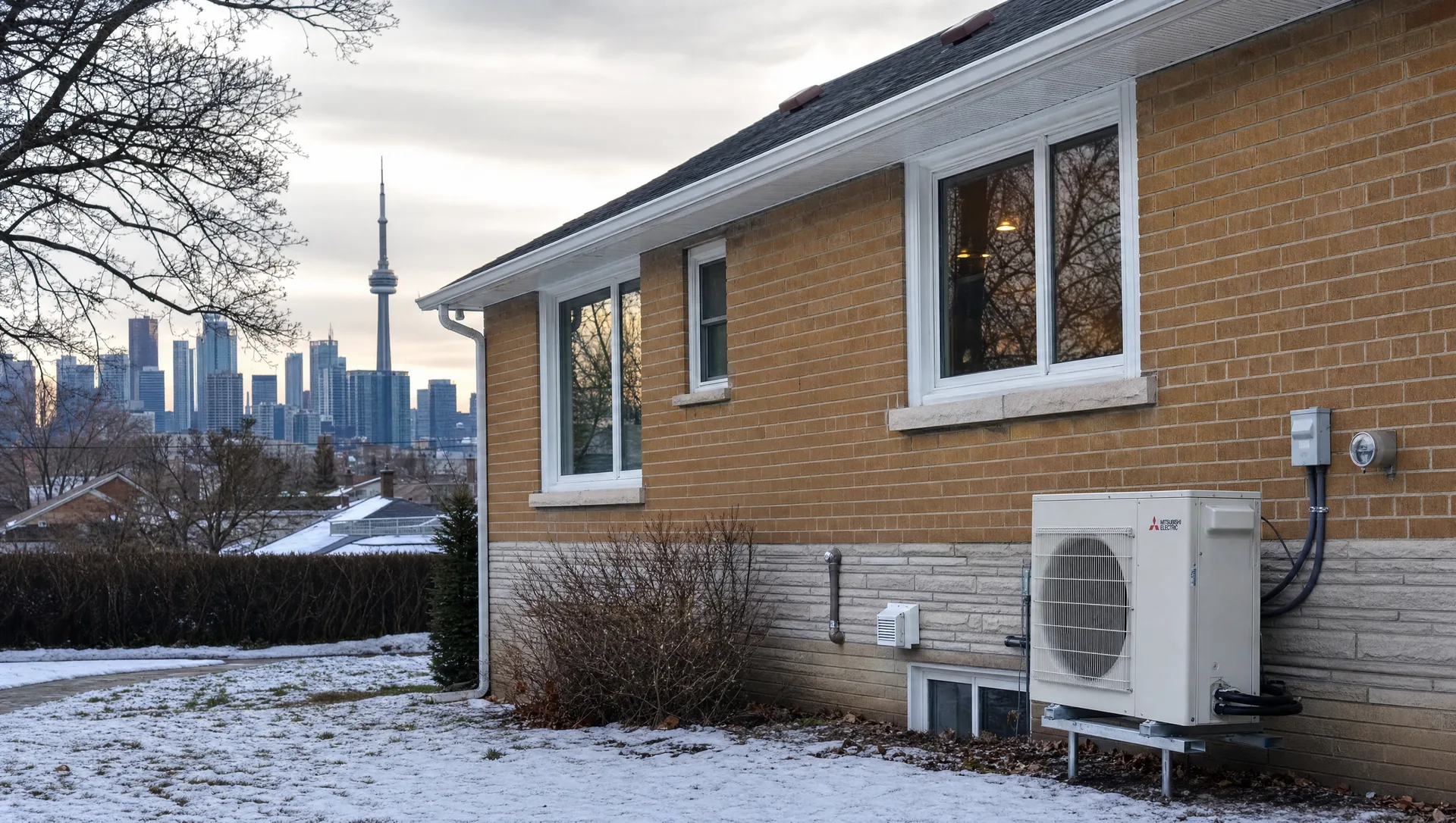 Markham, ON with a heat pump installed — Historic Main Street Unionville and the Markham Convention Centre visible in the scene